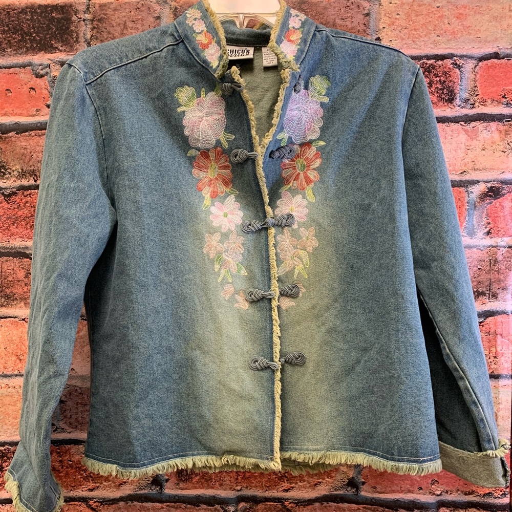 Chico’s Design Embroidered Denim Jacket Size 2